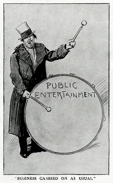 Man banging a drum to advertise public entertainment