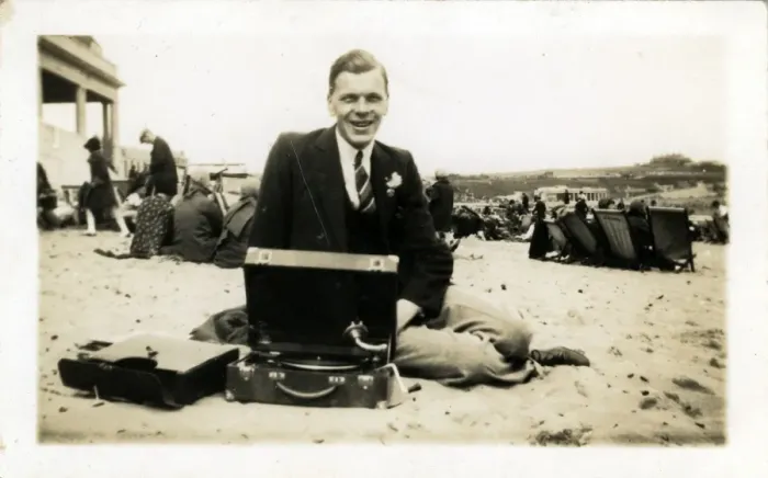 Framed Print : Man of Beach with Portable Gramophone Framed Print : Man of Beach with Portable Gramophone