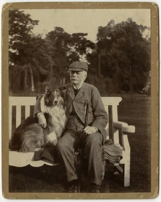 Framed Print : Man on a bench with his sheepdog Framed Print : Man on a bench with his sheepdog