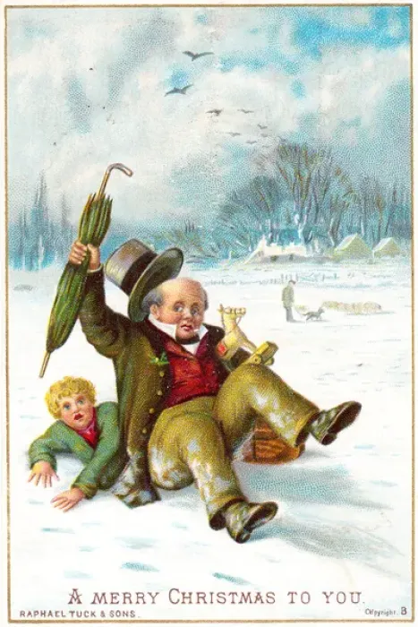 Framed Print : Man and boy falling over in snow on a Christmas card Framed Print : Man and boy falling over in snow on a Christmas card
