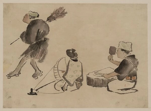 Man with a broom, wearing geta; woman with spinning wheel; m