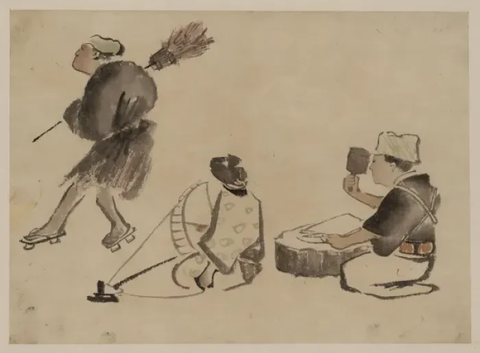 Framed Print : Man with a broom, wearing geta; woman with spinning wheel; m Framed Print : Man with a broom, wearing geta; woman with spinning wheel; m