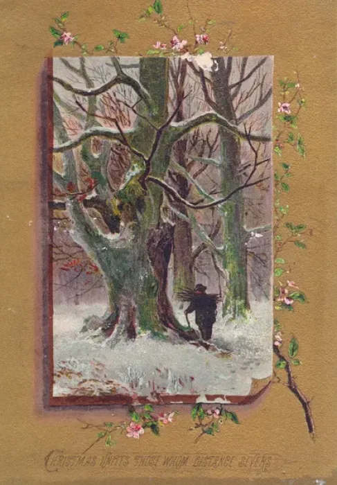 Framed Print : Man carrying firewood on a Christmas card Framed Print : Man carrying firewood on a Christmas card