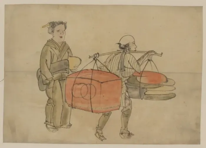 Framed Print : A man carrying a shoulder pole with a trunk and bedding for Framed Print : A man carrying a shoulder pole with a trunk and bedding for