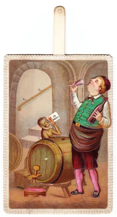 Framed Print : Man in cellar on a comic German greetings card Framed Print : Man in cellar on a comic German greetings card