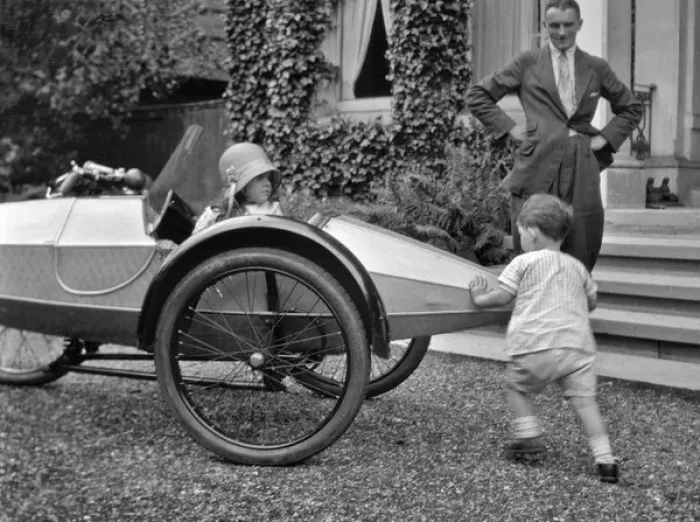 Framed Print : Man and two children with motorbike and sidecar Framed Print : Man and two children with motorbike and sidecar
