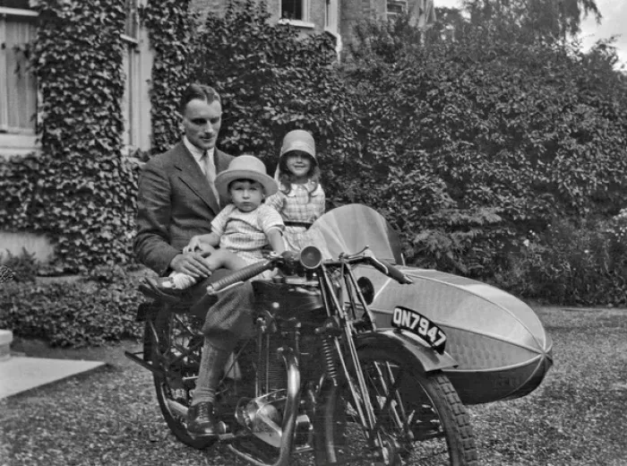 Framed Print : Man and two children with motorbike and sidecar Framed Print : Man and two children with motorbike and sidecar