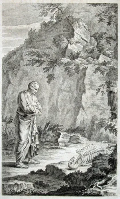 Framed Print : Man in classical dress contemplating a skeleton Framed Print : Man in classical dress contemplating a skeleton