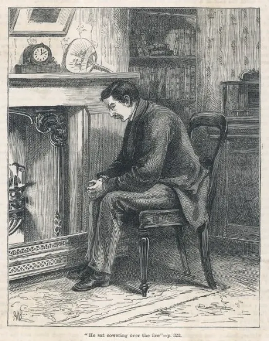 Framed Print : Man Cowering by Fireside Framed Print : Man Cowering by Fireside