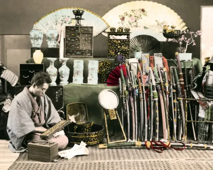 Framed Print : Man in curio store, Japan Framed Print : Man in curio store, Japan