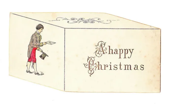 Framed Print : Man delivering a letter on a box-shaped Christmas card Framed Print : Man delivering a letter on a box-shaped Christmas card