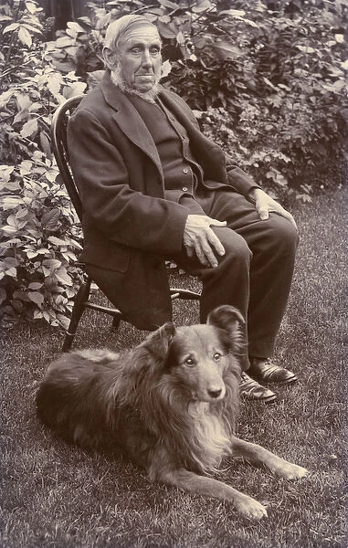 Man with a dog in a garden