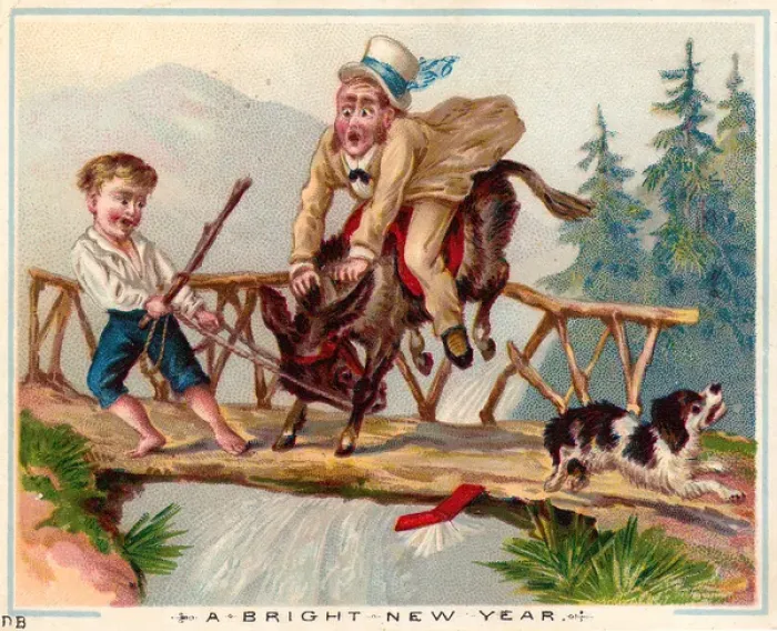 Framed Print : Man on a donkey on a bridge on a New Year card Framed Print : Man on a donkey on a bridge on a New Year card