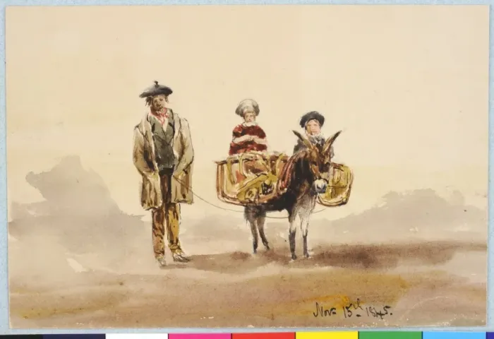 Framed Print : Man with Donkey Carrying two Children in Panniers Framed Print : Man with Donkey Carrying two Children in Panniers