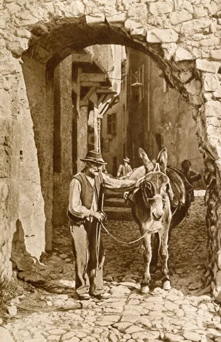 Framed Print : Man and donkey in Puget-Theniers, Alpes-Maritimes, France