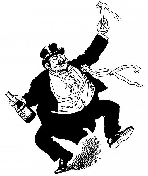 A Man Drinking. A fat man in a top hat, with a champagne bottle in one hand
