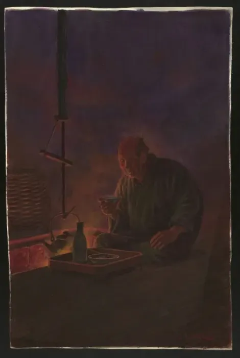 Framed Print : Man drinking sake before the hearth Framed Print : Man drinking sake before the hearth