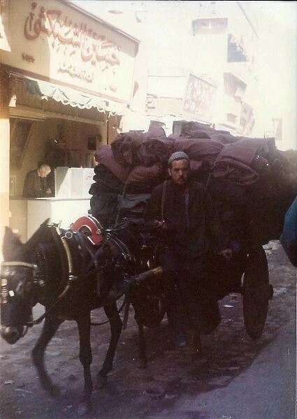 Man driving a Horse and cart with black sacks on a street in