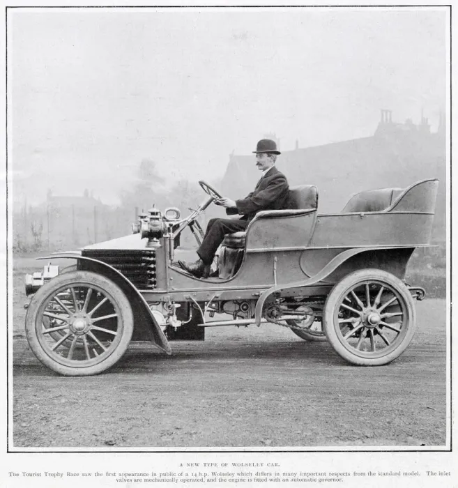 Framed Print : A man driving the new four-seater Wolseley motor car, speed of 30 m. h. Date: 1905 Framed Print : A man driving the new four-seater Wolseley motor car, speed of 30 m. h. Date: 1905