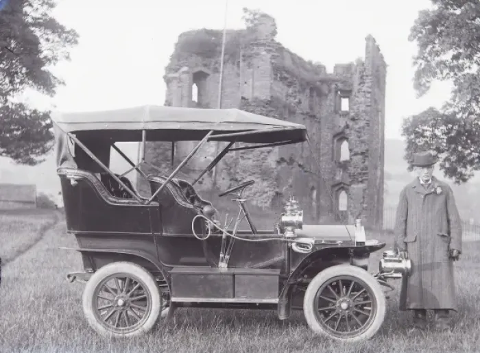 Framed Print : Man with early car, Crickhowell Castle, Powys, Mid Wales Framed Print : Man with early car, Crickhowell Castle, Powys, Mid Wales
