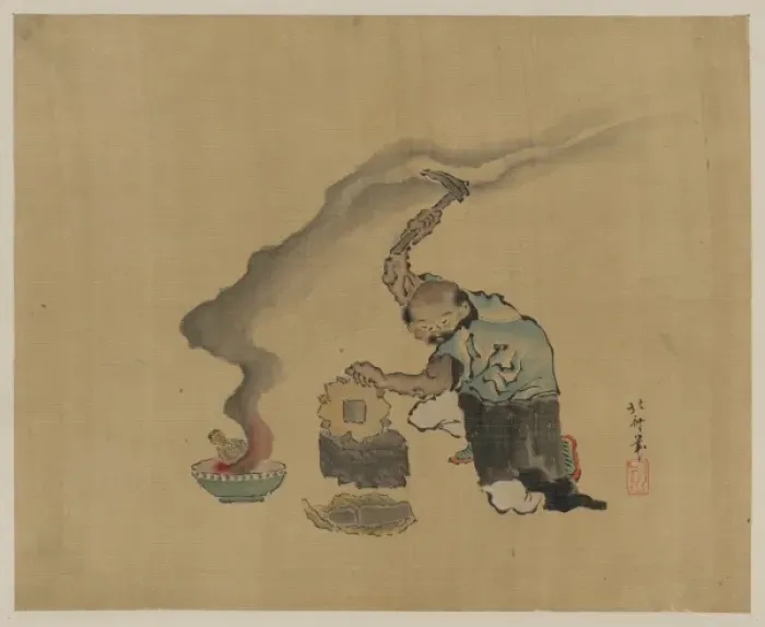 Framed Print : A man engaged in metalwork, appears to be melting statues to Framed Print : A man engaged in metalwork, appears to be melting statues to
