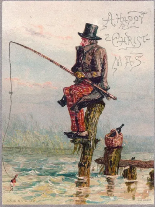 Framed Print : Man fishing on a comic Christmas card Framed Print : Man fishing on a comic Christmas card