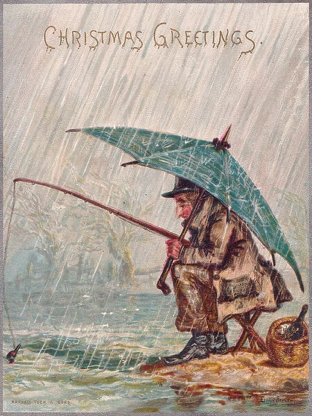 Man fishing on a comic Christmas card
