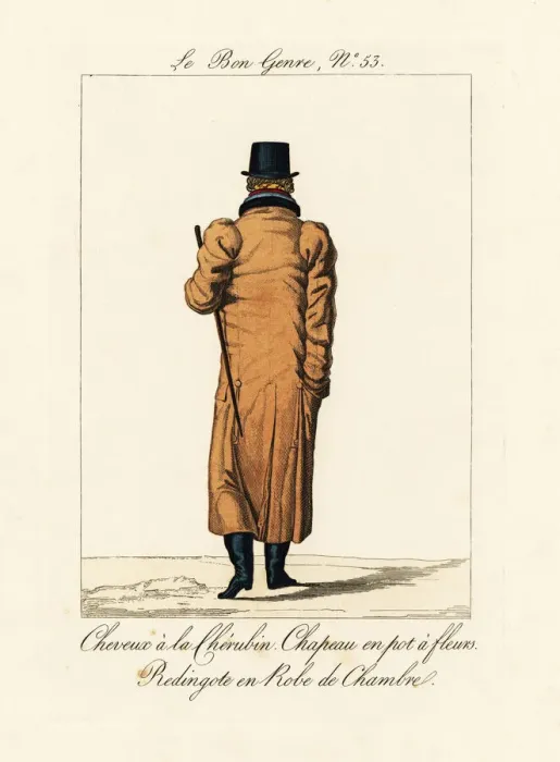Framed Print : Man in flowerpot hat, cherub hairstle and long ridingcoat Framed Print : Man in flowerpot hat, cherub hairstle and long ridingcoat