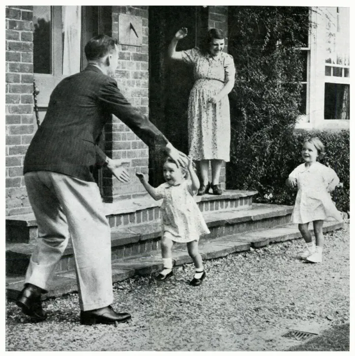 Framed Print : Man greeted by his evacuated children and wife 1939 Framed Print : Man greeted by his evacuated children and wife 1939
