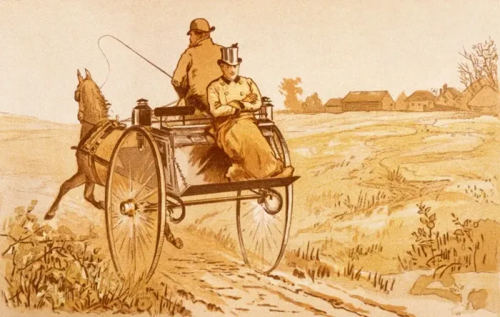 Framed Print : Man and Groom Dog Cart Framed Print : Man and Groom Dog Cart