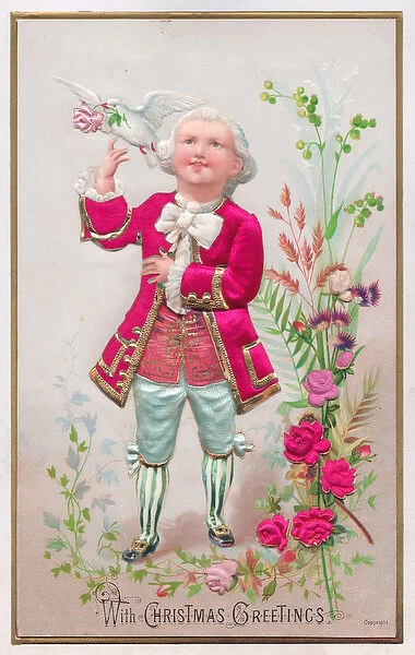 Man in historical costume on a fabric Christmas card