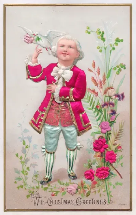 Framed Print : Man in historical costume on a fabric Christmas card Framed Print : Man in historical costume on a fabric Christmas card