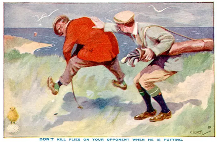 Framed Print : Man Hitting Flies off Man trying to putt on golf course Date: 1912 Framed Print : Man Hitting Flies off Man trying to putt on golf course Date: 1912