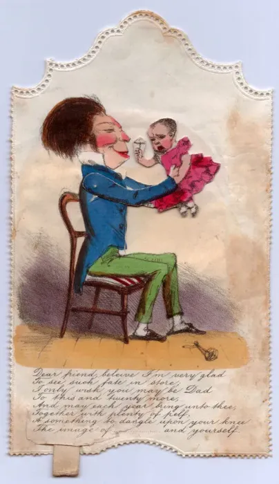 Framed Print : Man holding a baby on a comic congratulations card Framed Print : Man holding a baby on a comic congratulations card