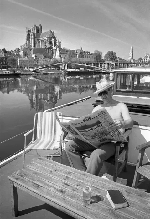Framed Print : Man on houseboat, Auxerre sur Yonne, France Framed Print : Man on houseboat, Auxerre sur Yonne, France