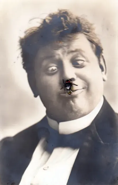 Framed Print : Man with an insect on his nose on a novelty postcard Framed Print : Man with an insect on his nose on a novelty postcard