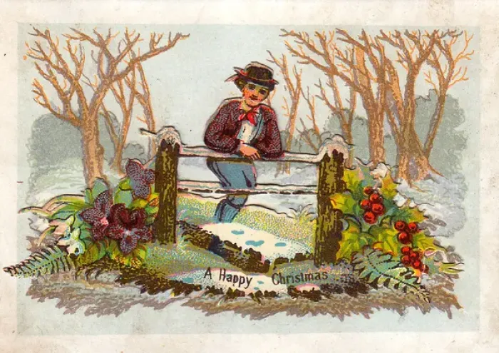 Framed Print : Man leaning on stile on a Christmas card Framed Print : Man leaning on stile on a Christmas card