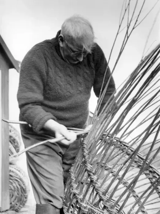 Framed Print : Man making lobster pot at Beesands, Start Bay, Devon Framed Print : Man making lobster pot at Beesands, Start Bay, Devon