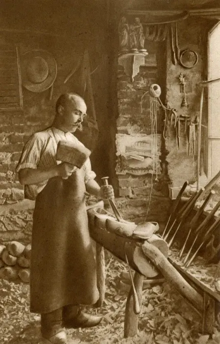 Framed Print : Man making wooden shoes, Brittany, Northern France Framed Print : Man making wooden shoes, Brittany, Northern France