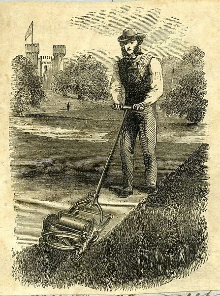 Man mowing in castle grounds