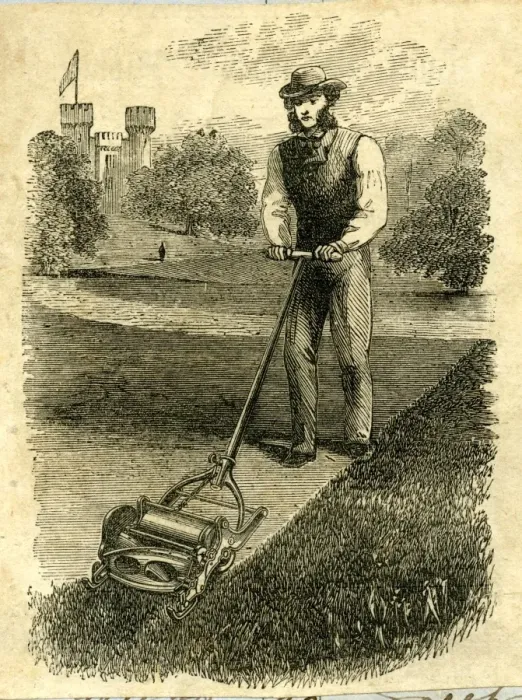 Framed Print : Man mowing in castle grounds Framed Print : Man mowing in castle grounds