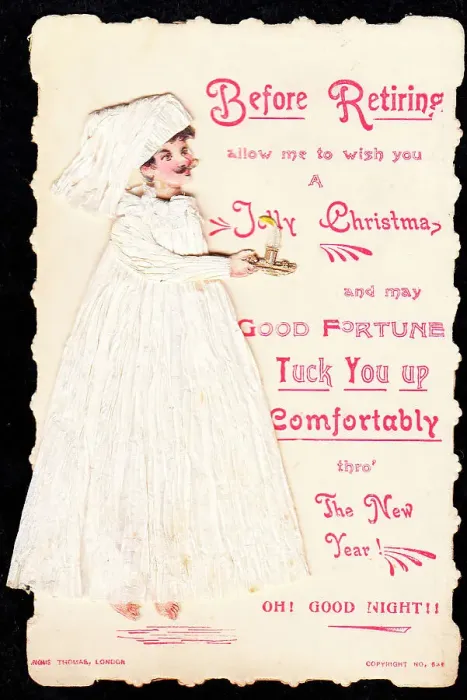 Framed Print : Man in nightgown with comic verse on a Christmas card Framed Print : Man in nightgown with comic verse on a Christmas card