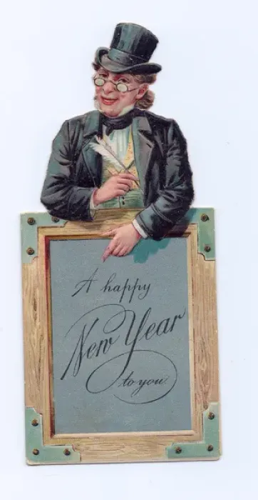 Framed Print : Man with picture frame on a cutout New Year card Framed Print : Man with picture frame on a cutout New Year card