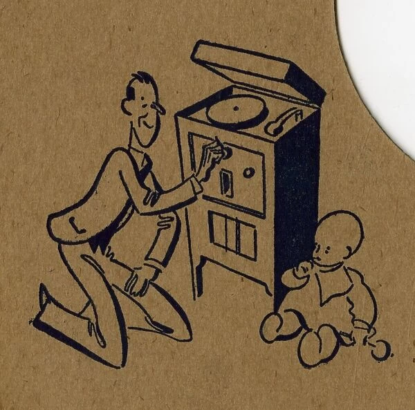 Man plays gramophone record for baby