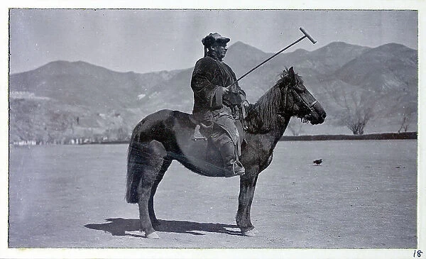Man on a pony holding a polo mallet, from a fascinating album which reveals new details on a little-known campaign in which a British military force brushed aside Tibetan defences to capture Lhasa, in 1904