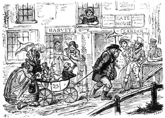 Framed Print : Man pulling pram and children uphill, c. 1820 Framed Print : Man pulling pram and children uphill, c. 1820