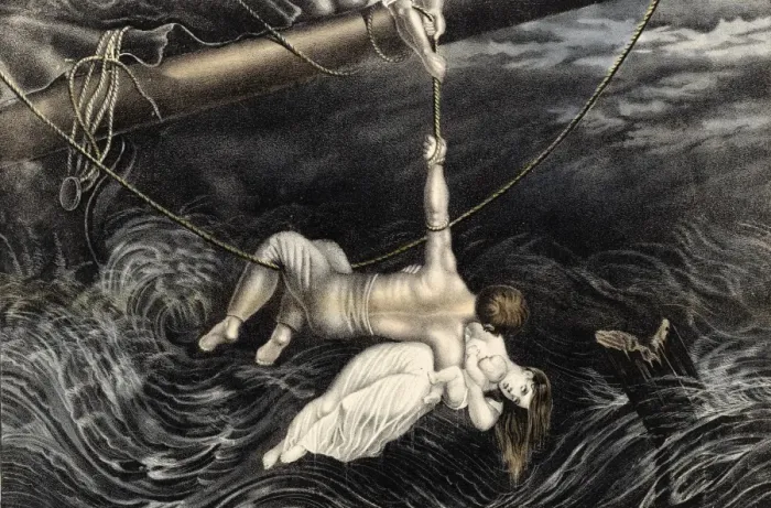 Framed Print : Man rescuing woman and baby from the sea during a shipwreck Framed Print : Man rescuing woman and baby from the sea during a shipwreck