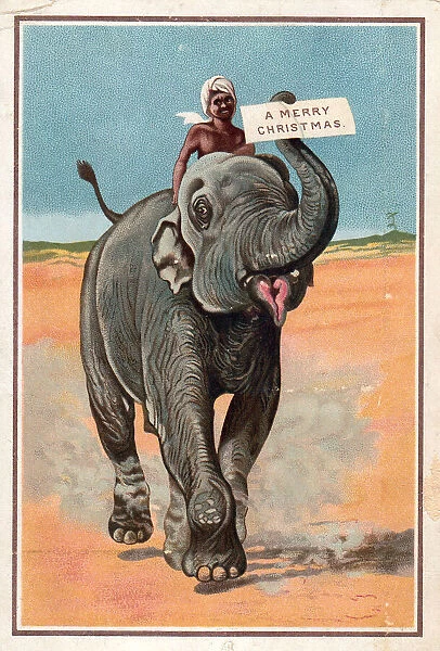 Man riding on an elephant on a Christmas card