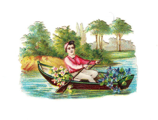 Man rowing boat with flowers on a Victorian scrap