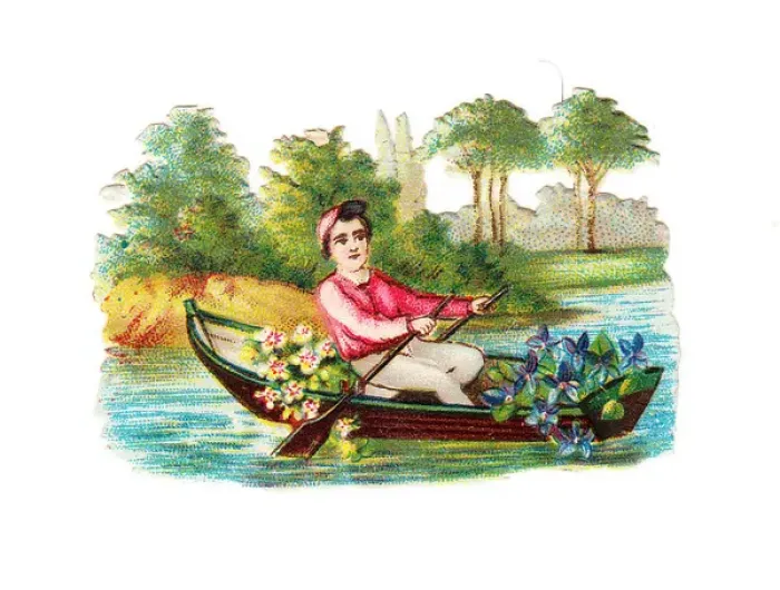 Framed Print : Man rowing boat with flowers on a Victorian scrap Framed Print : Man rowing boat with flowers on a Victorian scrap